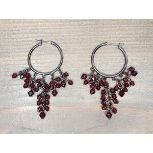 Gunmetal Tone Red Faceted Bead Fringe Hoop Earrings